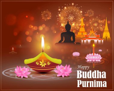 Hint Buddha Purnima Festivali metinli, resimli Buda 'nın oturduğunu ve meditasyona gömüldüğünü gösteriyor.