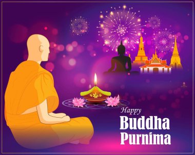 Hint Buddha Purnima Festivali metinli, resimli Buda 'nın oturduğunu ve meditasyona gömüldüğünü gösteriyor.