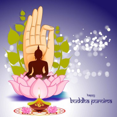 Hint Buddha Purnima Festivali metinli, resimli Buda 'nın oturduğunu ve meditasyona gömüldüğünü gösteriyor.