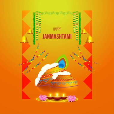 Hint festivali Janmashtami için vektör illüstrasyonu, Tanrı Krishna 'nın doğuşu, tereyağı kapları, renkli soyut arka planda flüt