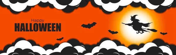 Vector Illustration Halloween Festival Scary Pumpkins Flying Bats Witch Her — Stock Vector