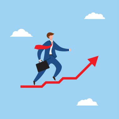 Gökyüzü konsept vektör illüstrasyonunda yukarı doğru ok atan hırslı bir işadamı..