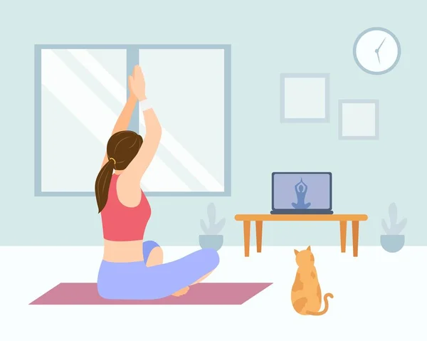 Mujer Haciendo Yoga Casa Con Tutorial Yoga Línea — Archivo Imágenes Vectoriales