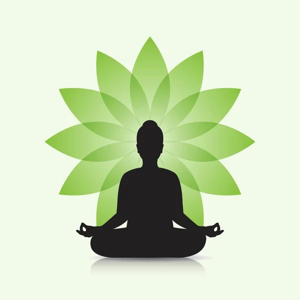 Vrouw Doen Yoga Meditatie Silhouet Spirituele Vector Achtergrond — Stockvector