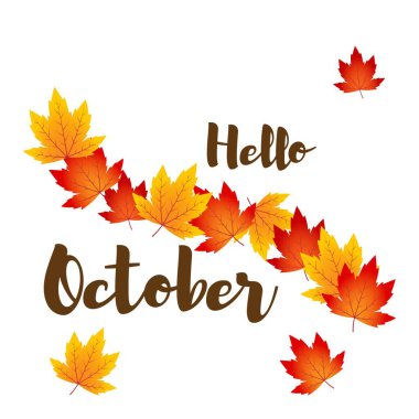 Merhaba Ekim bayrağını sonbahar yapraklarıyla selamlamak için vektör illüstrasyon kavramı.