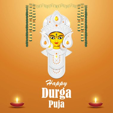 Durga Puja 'da Tanrıça Durga Face' in resmi, Subh Navratri soyut arka plan, yazılı metin Durga Puja anlamına gelir