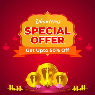 Vektör Dhantera Büyük Satış afişi,% 50 indirimli, lotus, diya, güzel bokeh arka planda. Sınırlı teklif. Kesinlikle bir hediye.