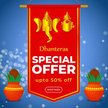 Vektör Dhantera Büyük Satış afişi,% 50 indirimli, lotus, diya, güzel bokeh arka planda. Sınırlı teklif. Kesinlikle bir hediye.