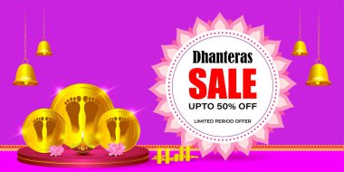 Vektör Dhantera Büyük Satış afişi,% 50 indirimli, lotus, diya, güzel bokeh arka planda. Sınırlı teklif. Kesinlikle bir hediye.