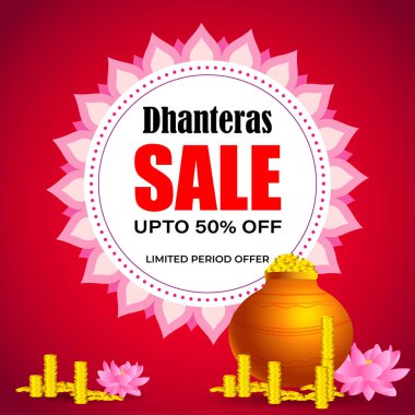 Vektör Dhantera Büyük Satış afişi,% 50 indirimli, lotus, diya, güzel bokeh arka planda. Sınırlı teklif. Kesinlikle bir hediye.