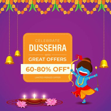Dussehra Büyük Satış Sancağının vektör illüstrasyonu,% 50 'ye varan indirimli Hint festivali teklifi