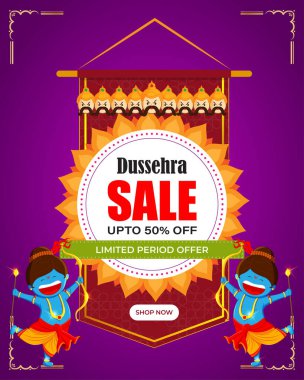 Dussehra Büyük Satış Sancağının vektör illüstrasyonu,% 50 'ye varan indirimli Hint festivali teklifi