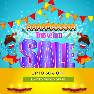 Dussehra Büyük Satış Sancağının vektör illüstrasyonu,% 50 'ye varan indirimli Hint festivali teklifi