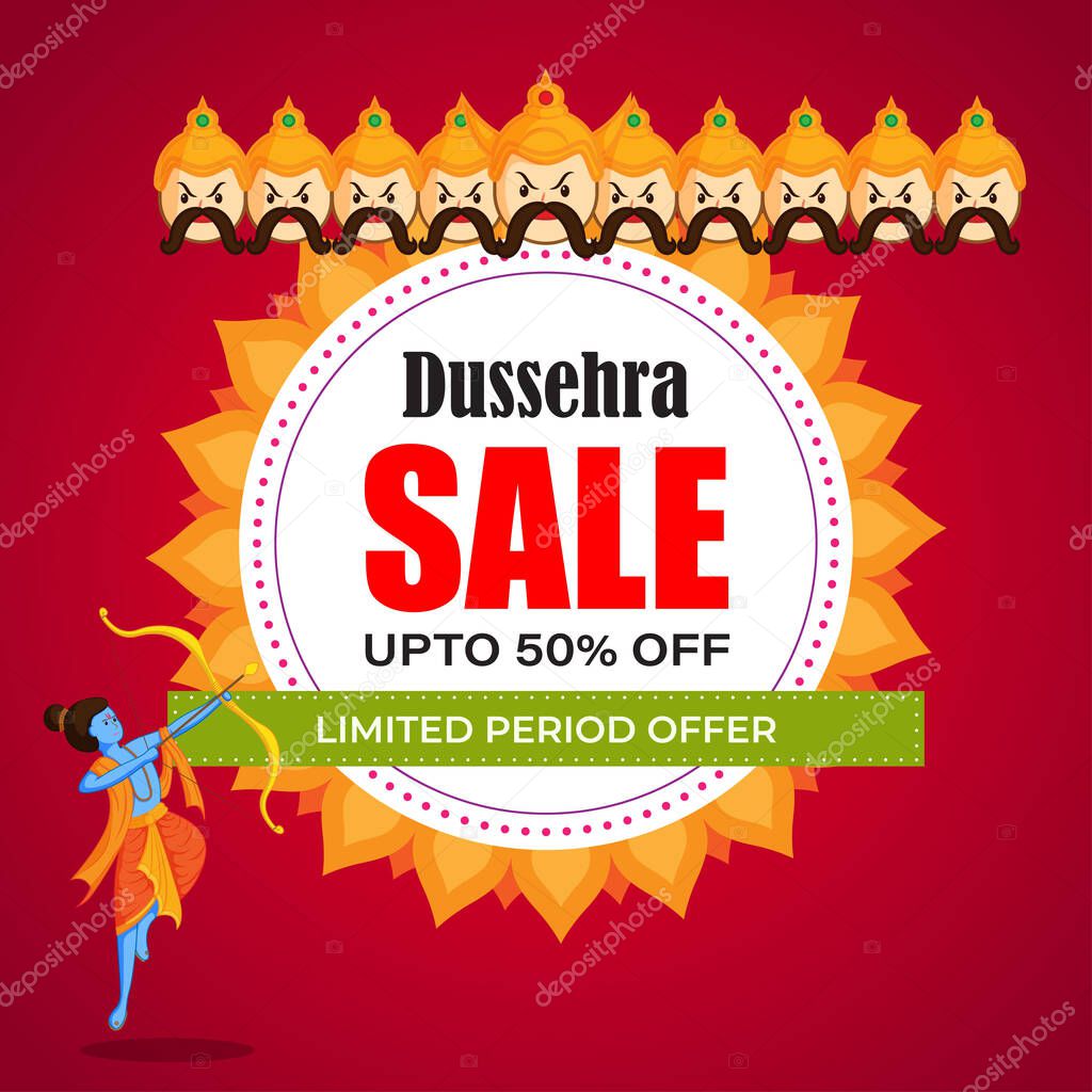 Vector illustration of Dussehra Big Sale banner, up to 50% off, Indian festival offer