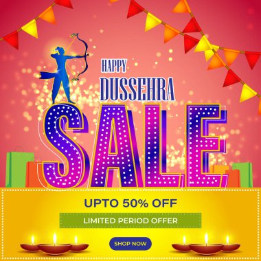 Dussehra Büyük Satış Sancağının vektör illüstrasyonu,% 50 'ye varan indirimli Hint festivali teklifi