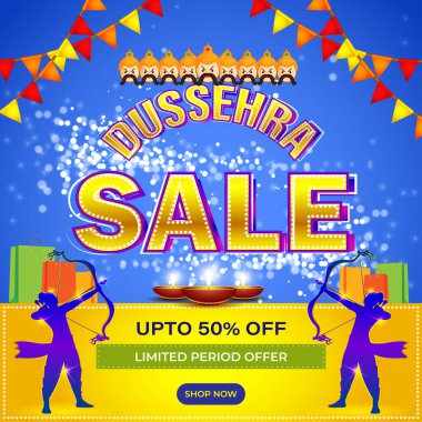 Dussehra Büyük Satış Sancağının vektör illüstrasyonu,% 50 'ye varan indirimli Hint festivali teklifi