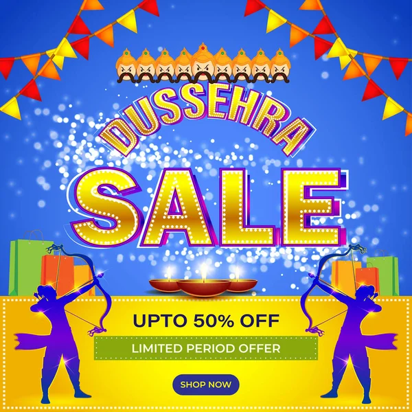 Dussehra Büyük Satış Sancağının vektör illüstrasyonu,% 50 'ye varan indirimli Hint festivali teklifi