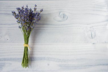 Çiçek kompozisyonu. Temiz, küçük bir demet taze mor lavanta çiçeği. Fotokopi alanı olan beyaz ahşap bir arka planda jüt iplikle bağlanmış. Minimalist fotoğraf. Bahar, yaz konsepti. Üst görünüm, modelle.
