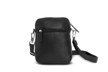 Beyaz arka planda izole edilmiş şık deri deri erkek çantası. Moda konsepti, giyim endüstrisi, bitmiş ürünler. Çevrimiçi mağazalar için fotoğraflar.