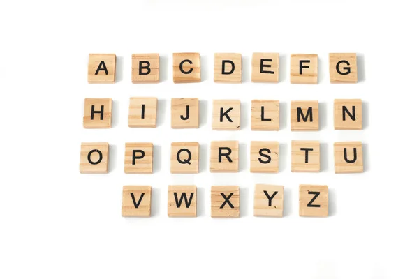 Draufsicht Des Englischen Alphabets Aus Quadratischen Holzfliesen Mit Dem Englischen — Stockfoto