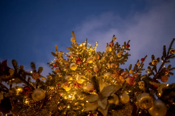 Vista Inferior Hermoso Árbol Navidad Alto Decorado Con Bolas Guirnaldas —  Fotos de Stock
