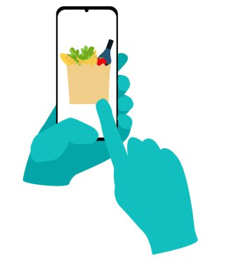 Koruyucu eldivendeki bir el akıllı telefonu tutar ve uygulamadan yemek sipariş eder. Güvenli ulaşım ve alışveriş konsepti. düz biçim