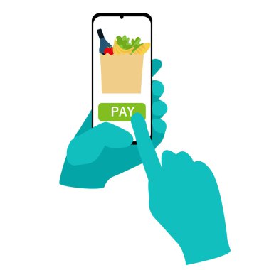 Koruyucu eldivendeki bir el akıllı telefonu tutar ve uygulamadan yemek sipariş eder. Güvenli ulaşım ve alışveriş konsepti. düz biçim