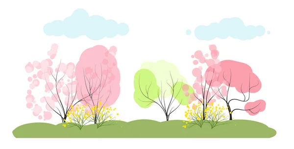 Tierno Paisaje Bosque Primavera Ilustración Vectorial Estilo Plano Sobre Fondo — Vector de stock