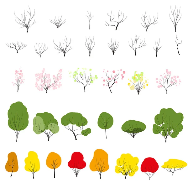 Tree Set Doodles Vector Any Season Winter Spring Summen Autumn — Stock Vector