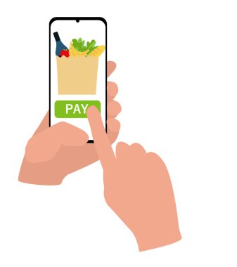 Elin akıllı telefonu tutuyor ve başvuru formunda yemek sipariş ediyor. Güvenli ulaşım ve alışveriş konsepti