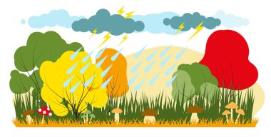 Basit modada vektör illüstrasyonu. Yağmurlu renkli orman sonbahar mantarlı manzarası