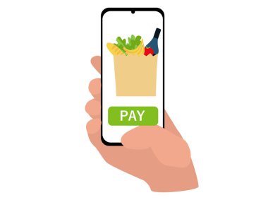 Elin akıllı telefonu tutuyor ve başvuru formunda yemek sipariş ediyor. Temassız teslimat ve alışveriş konsepti. düz biçim