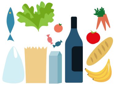 Süpermarketten taze gıda, plastik ve kese kağıdı paketlerini izole ettik. düz vektör illüstrasyonu