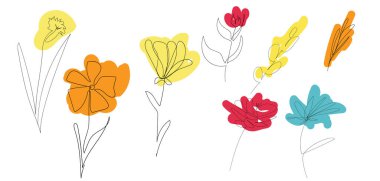 Farklı tipte çiçekler. Bir satır sanat eseri. Güzel çiçekler sürekli renkli noktalı çizgiler çizerler. Soyut asgari el çizimi çizimi. izole Vektör illüstrasyonu