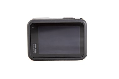 Moskova, Rusya - Novemner 11, 2020: yeni amiral gemisi kamera gopro kahraman 9 siyah. arka ekran tarafı. beyaz arkaplanda izole..