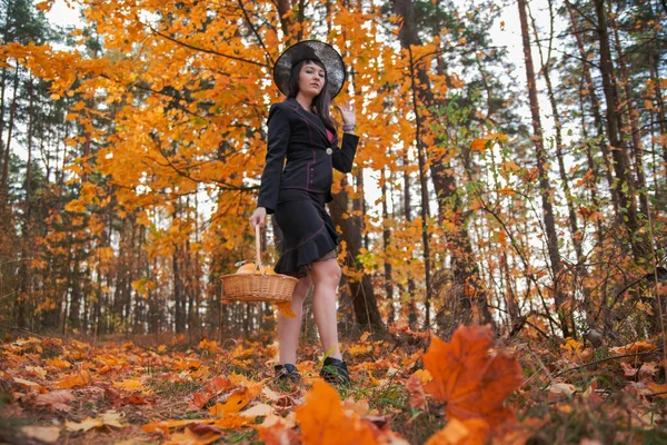 Witch Autumn Forest Halloween Cosplay Halloween Fall Holiday Celebration Beautiful — Stock Photo, Image