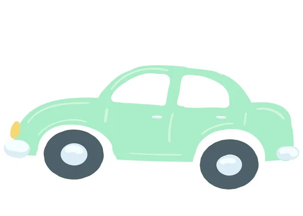 Groene Kleur Personenauto Geïsoleerd Verkeerselement Hand Getekend Cartoon Stijl Vector — Stockvector