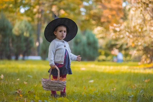 Little Girl Witch Costume Halloween Autumn Park Basket Full Yellow — Stock Photo, Image