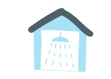 Duş tabelası olan mavi bir ev. Araba yıkama sembolü. El çizimi karikatürü. karalama vektörü çizimi izole edildi