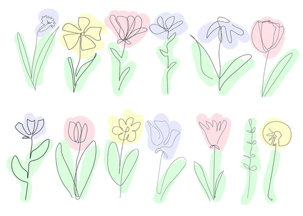 Set Beautiful Spring Flowers White Background One Continuous Line Black — Stock Vector