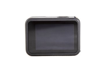 Siyah renkli yeni 4K aksiyon kamerası. İzole edilmiş beyaz arka plan. geri sensör ekranı