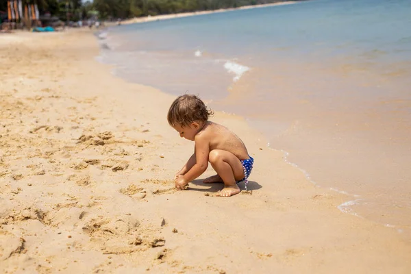 Adorable Maluch Maluch Zabawy Gra Piaszczystej Plaży Tropikalnego Morza — Zdjęcie stockowe