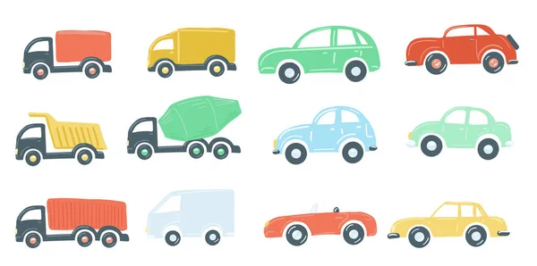 Gran Conjunto Coches Juguete Plano Simple Dibujo Mano Estilo Dibujos — Vector de stock