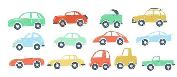 Gran conjunto de coches de juguete plano simple dibujo a mano estilo de dibujos animados. ilustración vectorial — Vector de stock