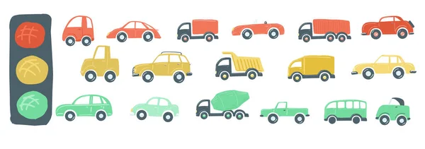 Gran conjunto de coches de juguete plano simple dibujo a mano estilo de dibujos animados. ilustración vectorial — Vector de stock