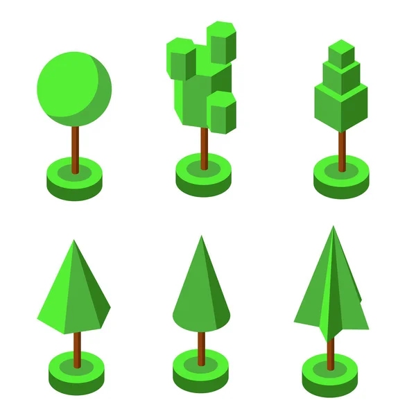 Isométrico Parque Vectorial Árboles Jardín Arbustos Colección Plantas Forestales Verdes — Vector de stock