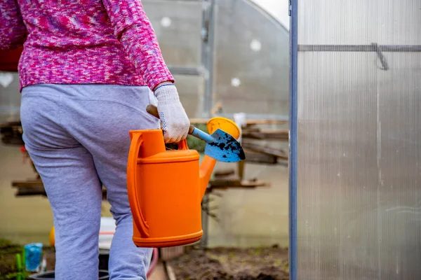 Tuinier in huishoudhandschoenen gaat naar een kas zonnige dag, gezichtsloos — Stockfoto