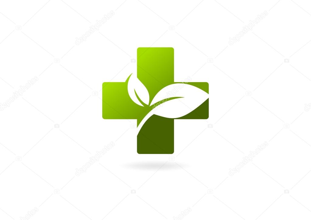 Logo green cross medical leaf natural-icon, symbol.design vector