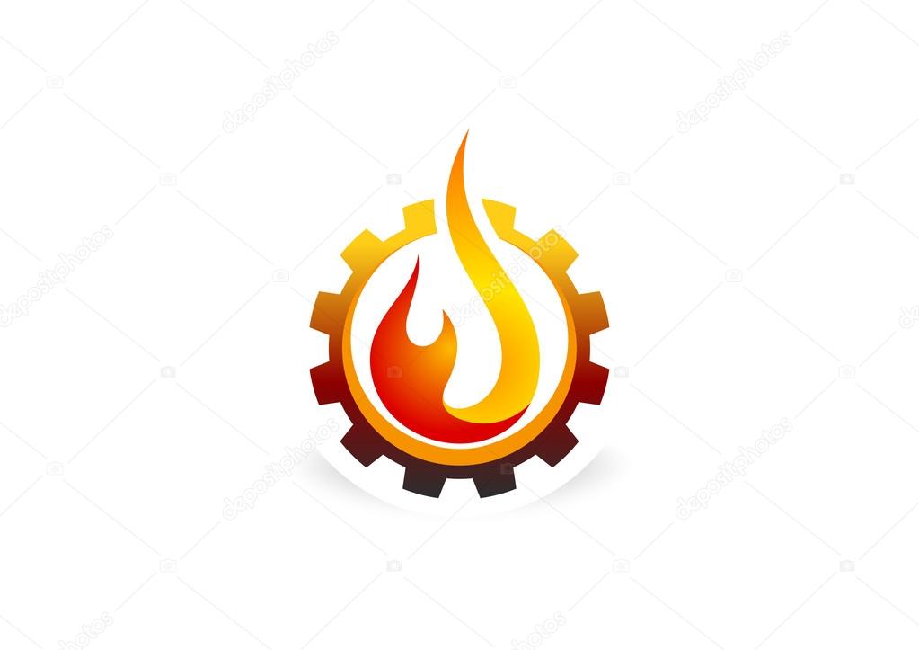 Fire flame gear technology logo design symbol vector