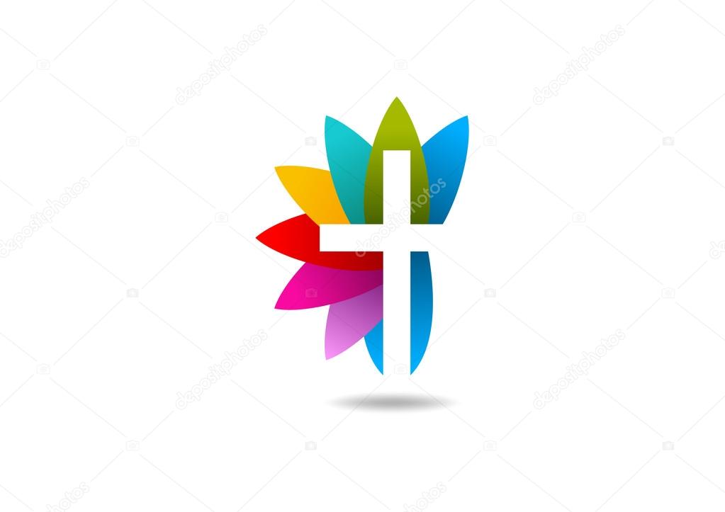 Cross religious leaf vector logo design template